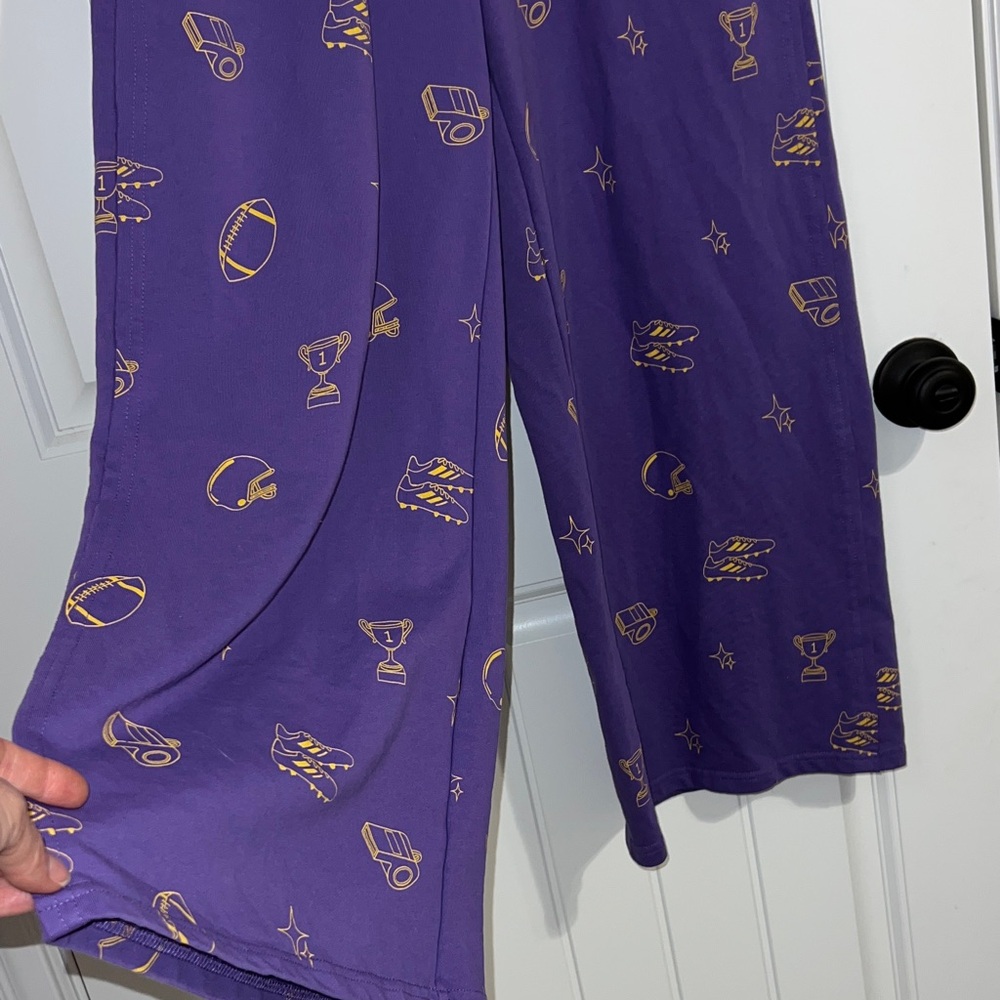 🏈Umgee Purple and Gold Wide Leg Terry Waistband Pants/Cropped Football Game Day - Picture 7 of 11